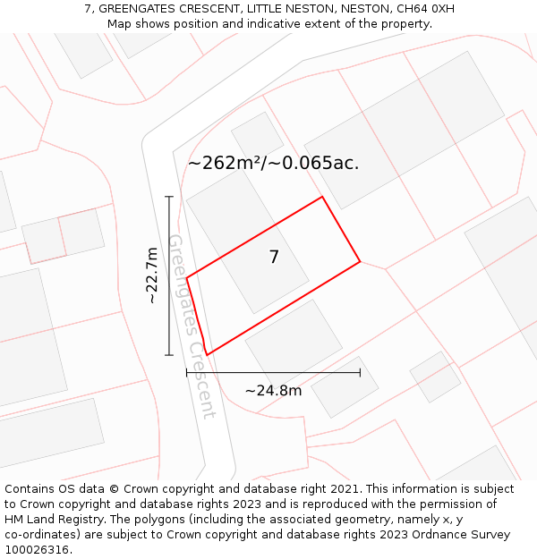 7, GREENGATES CRESCENT, LITTLE NESTON, NESTON, CH64 0XH: Plot and title map