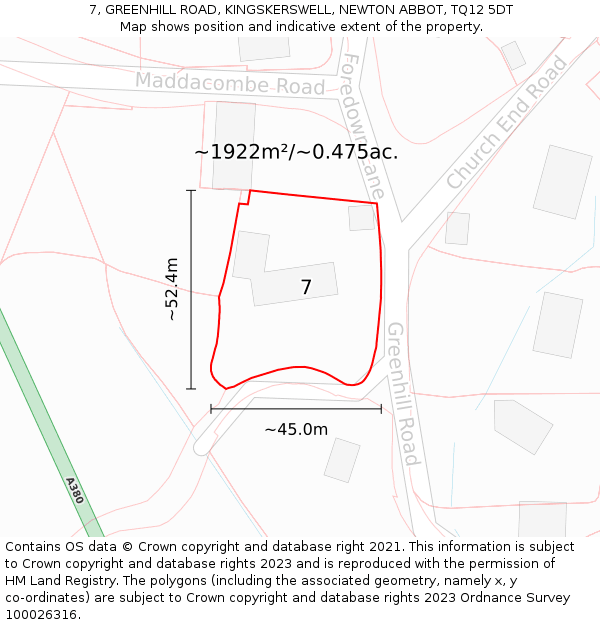 7, GREENHILL ROAD, KINGSKERSWELL, NEWTON ABBOT, TQ12 5DT: Plot and title map