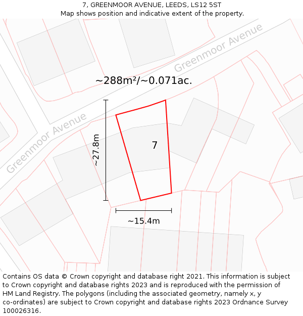 7, GREENMOOR AVENUE, LEEDS, LS12 5ST: Plot and title map