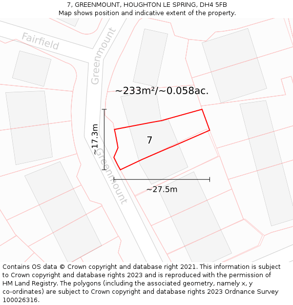 7, GREENMOUNT, HOUGHTON LE SPRING, DH4 5FB: Plot and title map