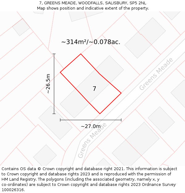 7, GREENS MEADE, WOODFALLS, SALISBURY, SP5 2NL: Plot and title map