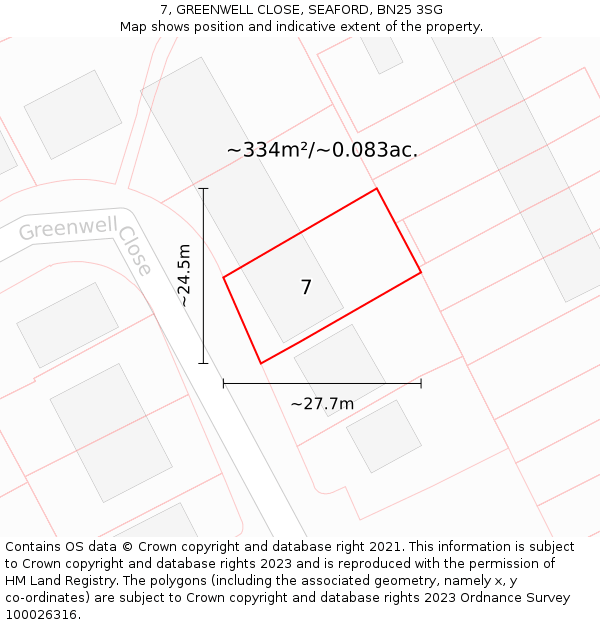 7, GREENWELL CLOSE, SEAFORD, BN25 3SG: Plot and title map