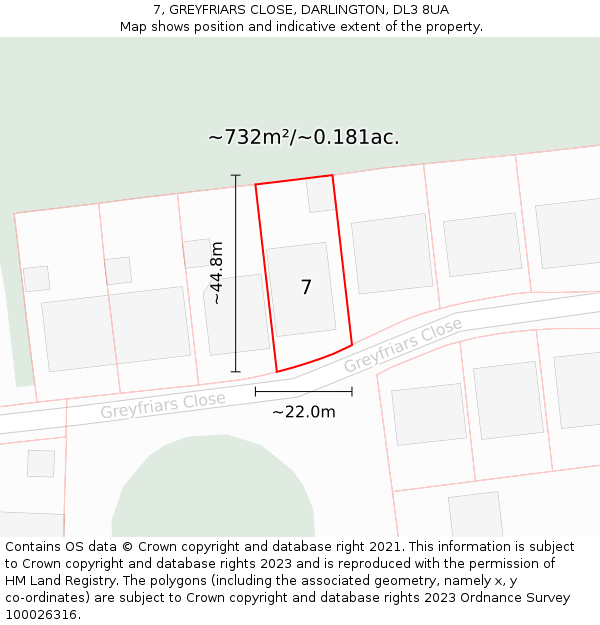 7, GREYFRIARS CLOSE, DARLINGTON, DL3 8UA: Plot and title map