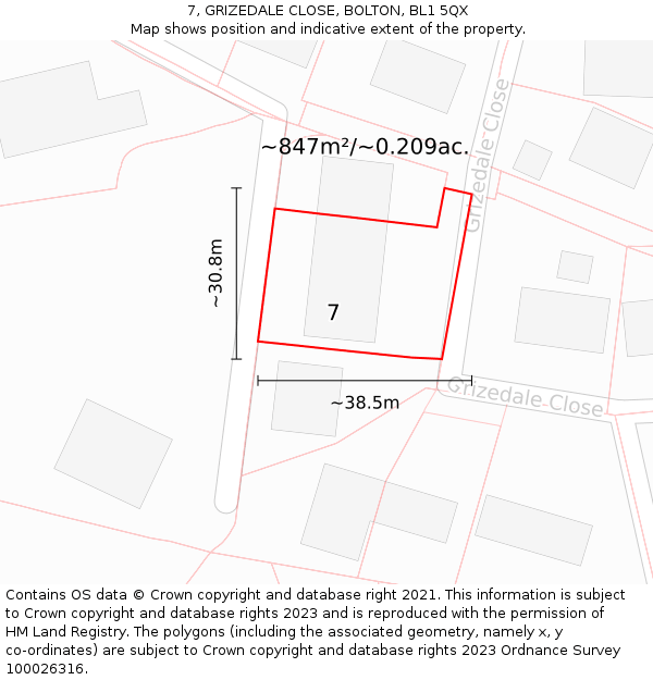 7, GRIZEDALE CLOSE, BOLTON, BL1 5QX: Plot and title map