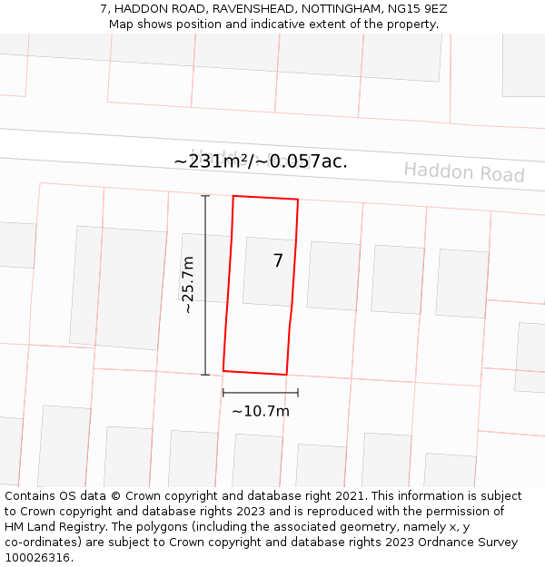 7, HADDON ROAD, RAVENSHEAD, NOTTINGHAM, NG15 9EZ: Plot and title map