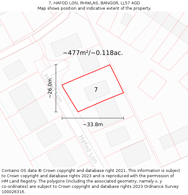 7, HAFOD LON, RHIWLAS, BANGOR, LL57 4GD: Plot and title map