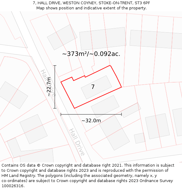 7, HALL DRIVE, WESTON COYNEY, STOKE-ON-TRENT, ST3 6PF: Plot and title map