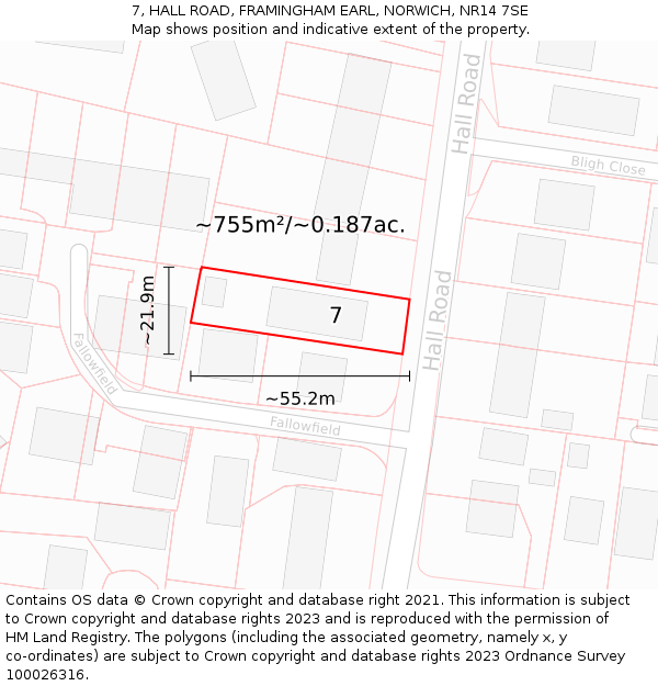 7, HALL ROAD, FRAMINGHAM EARL, NORWICH, NR14 7SE: Plot and title map