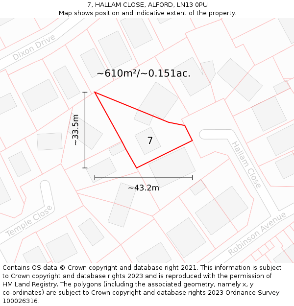 7, HALLAM CLOSE, ALFORD, LN13 0PU: Plot and title map