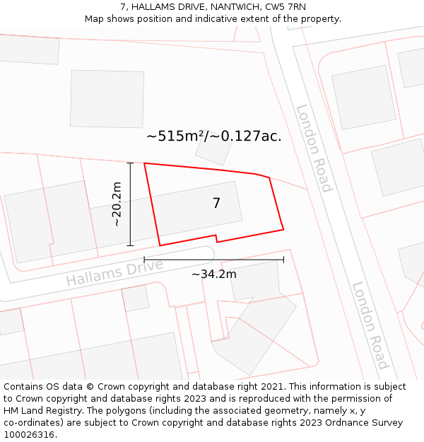 7, HALLAMS DRIVE, NANTWICH, CW5 7RN: Plot and title map