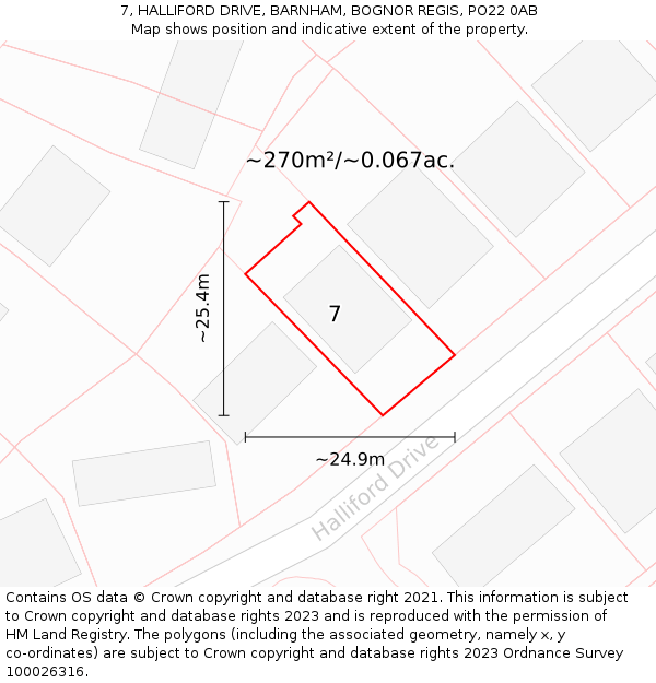 7, HALLIFORD DRIVE, BARNHAM, BOGNOR REGIS, PO22 0AB: Plot and title map