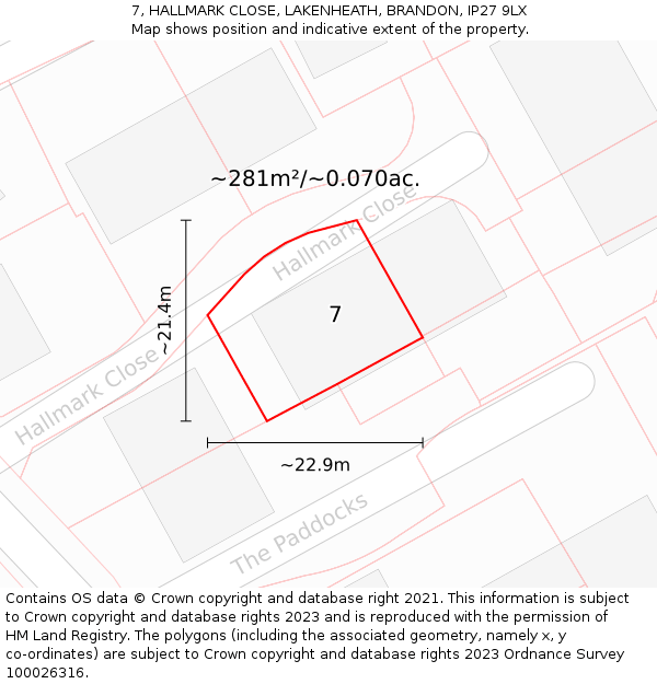 7, HALLMARK CLOSE, LAKENHEATH, BRANDON, IP27 9LX: Plot and title map