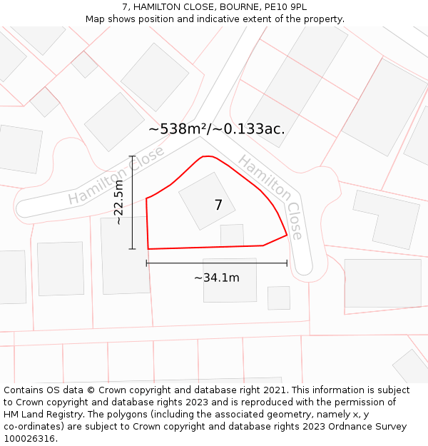 7, HAMILTON CLOSE, BOURNE, PE10 9PL: Plot and title map