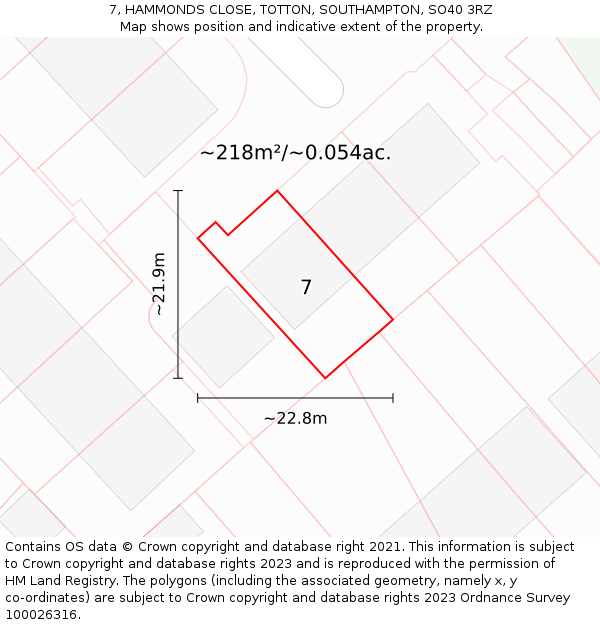 7, HAMMONDS CLOSE, TOTTON, SOUTHAMPTON, SO40 3RZ: Plot and title map