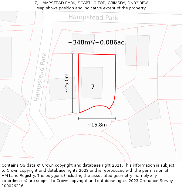 7, HAMPSTEAD PARK, SCARTHO TOP, GRIMSBY, DN33 3RW: Plot and title map