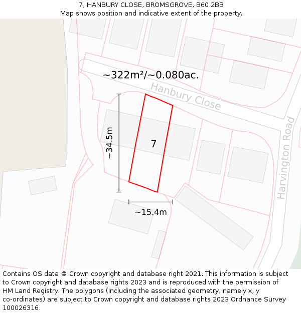 7, HANBURY CLOSE, BROMSGROVE, B60 2BB: Plot and title map