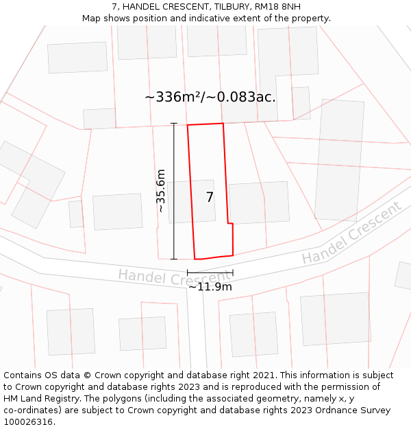 7, HANDEL CRESCENT, TILBURY, RM18 8NH: Plot and title map