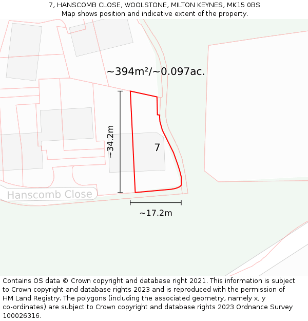 7, HANSCOMB CLOSE, WOOLSTONE, MILTON KEYNES, MK15 0BS: Plot and title map