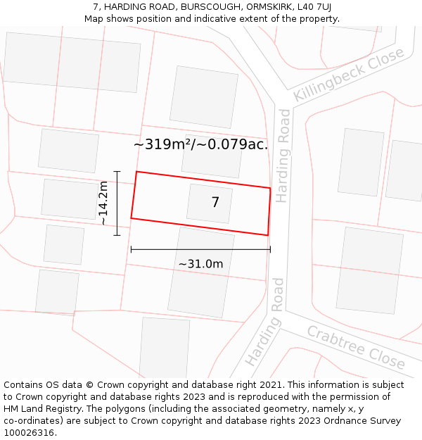 7, HARDING ROAD, BURSCOUGH, ORMSKIRK, L40 7UJ: Plot and title map