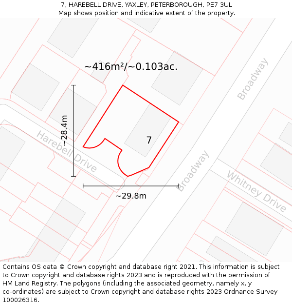 7, HAREBELL DRIVE, YAXLEY, PETERBOROUGH, PE7 3UL: Plot and title map