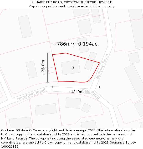 7, HAREFIELD ROAD, CROXTON, THETFORD, IP24 1NE: Plot and title map