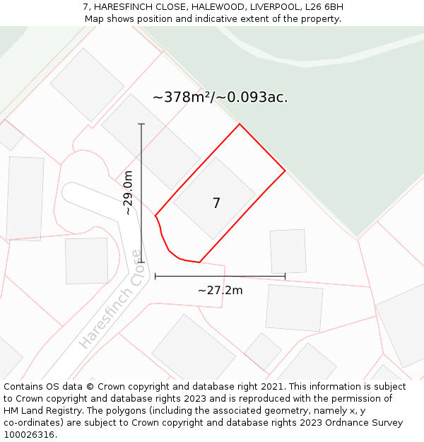 7, HARESFINCH CLOSE, HALEWOOD, LIVERPOOL, L26 6BH: Plot and title map