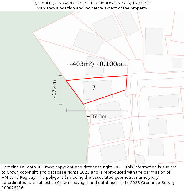 7, HARLEQUIN GARDENS, ST LEONARDS-ON-SEA, TN37 7PF: Plot and title map