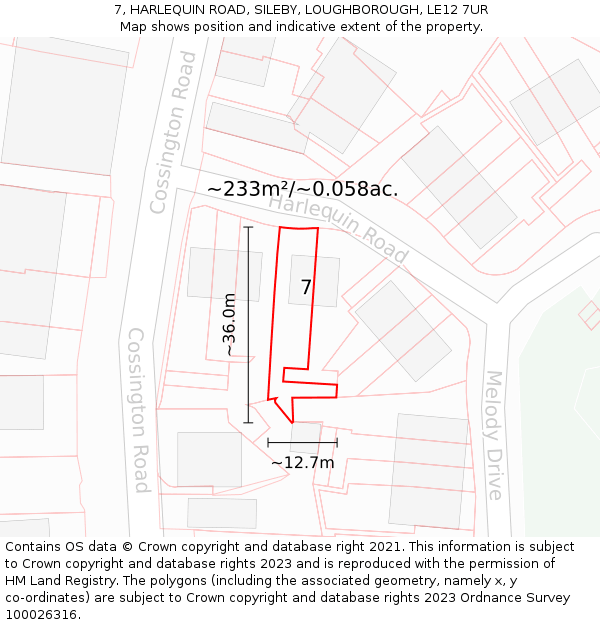 7, HARLEQUIN ROAD, SILEBY, LOUGHBOROUGH, LE12 7UR: Plot and title map
