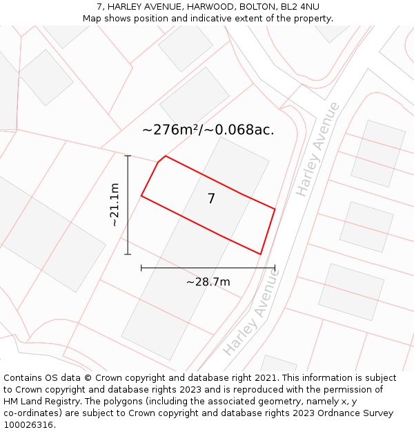 7, HARLEY AVENUE, HARWOOD, BOLTON, BL2 4NU: Plot and title map