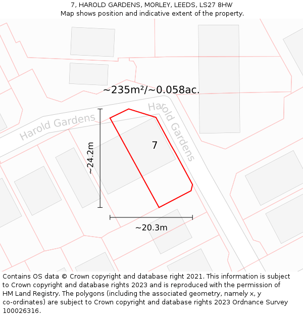 7, HAROLD GARDENS, MORLEY, LEEDS, LS27 8HW: Plot and title map