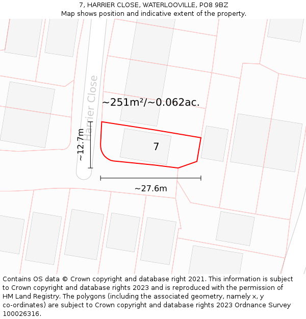 7, HARRIER CLOSE, WATERLOOVILLE, PO8 9BZ: Plot and title map