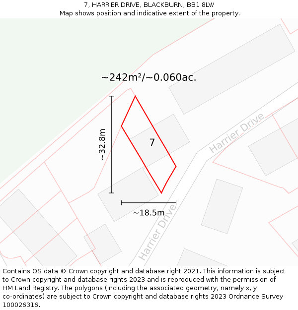 7, HARRIER DRIVE, BLACKBURN, BB1 8LW: Plot and title map