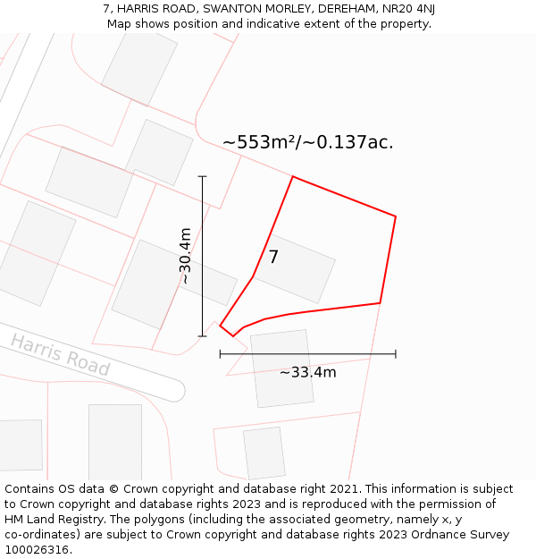 7, HARRIS ROAD, SWANTON MORLEY, DEREHAM, NR20 4NJ: Plot and title map