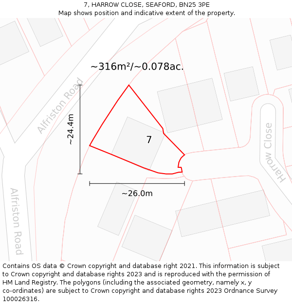 7, HARROW CLOSE, SEAFORD, BN25 3PE: Plot and title map