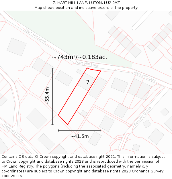 7, HART HILL LANE, LUTON, LU2 0AZ: Plot and title map