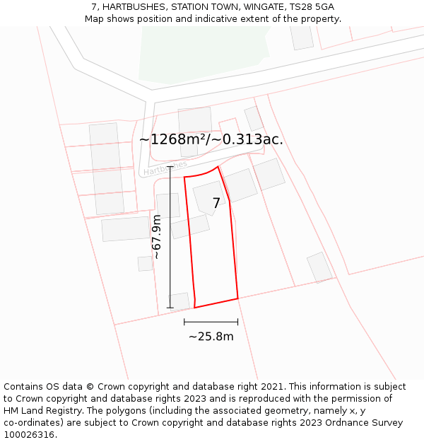 7, HARTBUSHES, STATION TOWN, WINGATE, TS28 5GA: Plot and title map