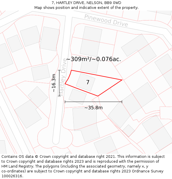 7, HARTLEY DRIVE, NELSON, BB9 0WD: Plot and title map