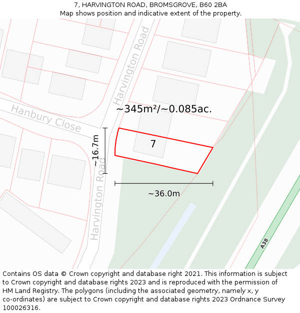 7, HARVINGTON ROAD, BROMSGROVE, B60 2BA: Plot and title map