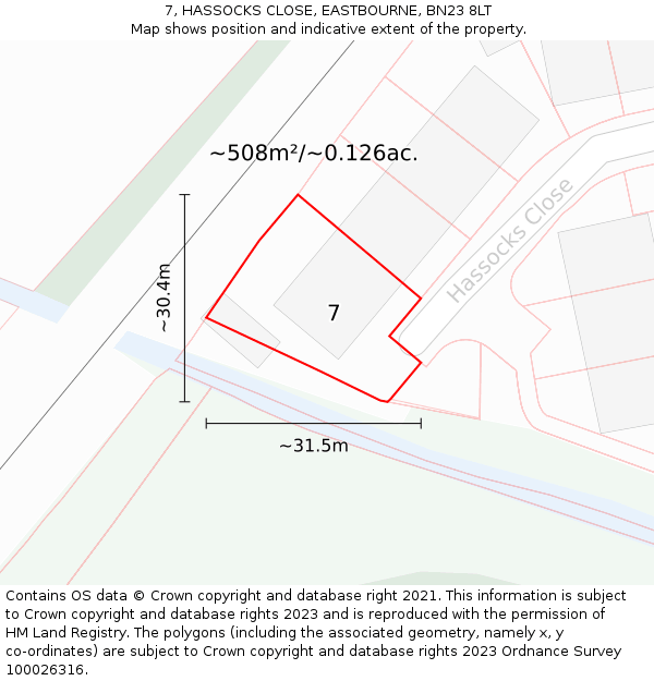 7, HASSOCKS CLOSE, EASTBOURNE, BN23 8LT: Plot and title map