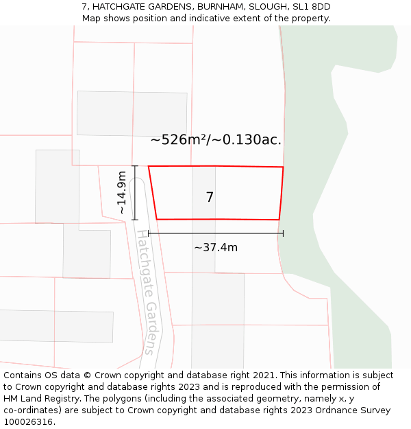 7, HATCHGATE GARDENS, BURNHAM, SLOUGH, SL1 8DD: Plot and title map