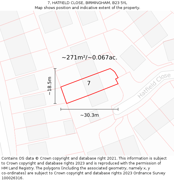 7, HATFIELD CLOSE, BIRMINGHAM, B23 5YL: Plot and title map