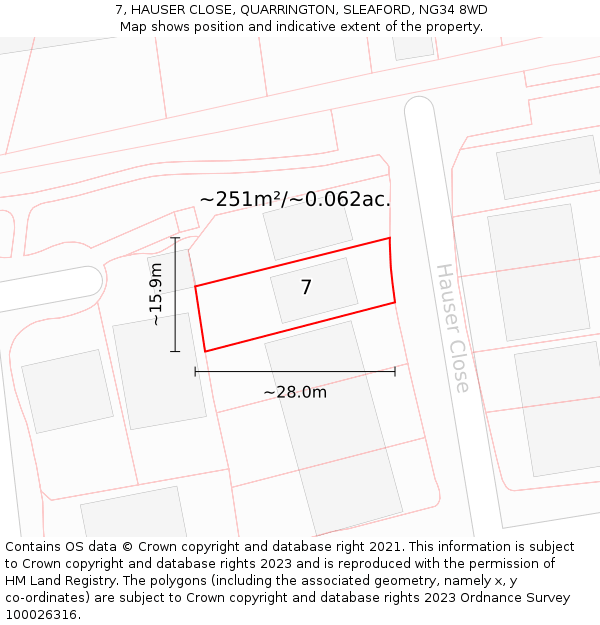 7, HAUSER CLOSE, QUARRINGTON, SLEAFORD, NG34 8WD: Plot and title map