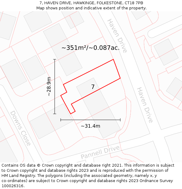 7, HAVEN DRIVE, HAWKINGE, FOLKESTONE, CT18 7PB: Plot and title map