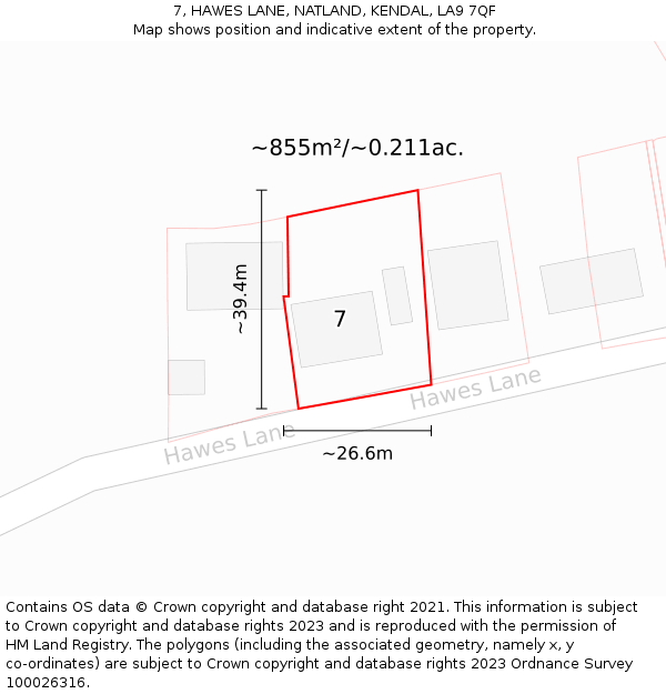 7, HAWES LANE, NATLAND, KENDAL, LA9 7QF: Plot and title map