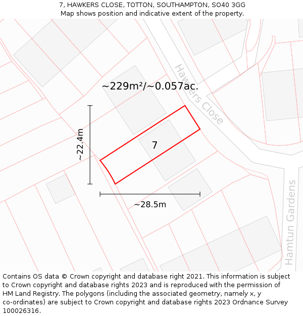 7, HAWKERS CLOSE, TOTTON, SOUTHAMPTON, SO40 3GG: Plot and title map