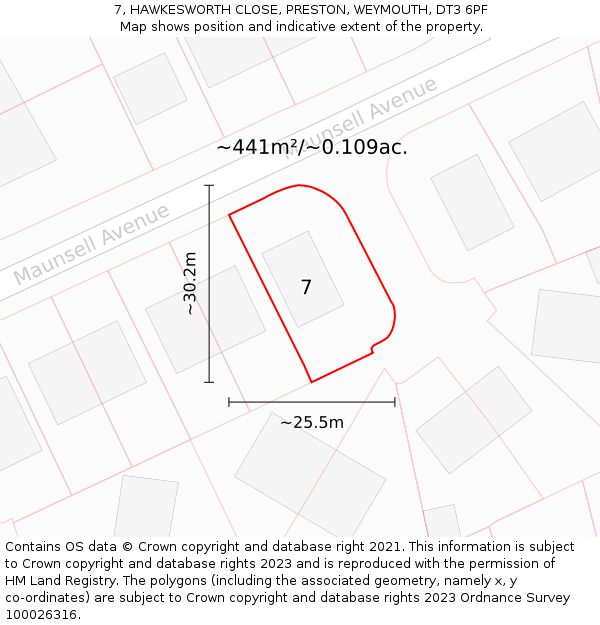 7, HAWKESWORTH CLOSE, PRESTON, WEYMOUTH, DT3 6PF: Plot and title map