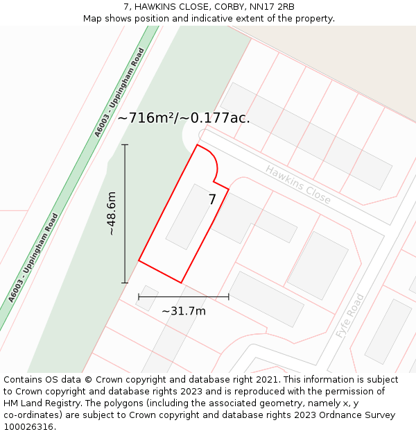 7, HAWKINS CLOSE, CORBY, NN17 2RB: Plot and title map