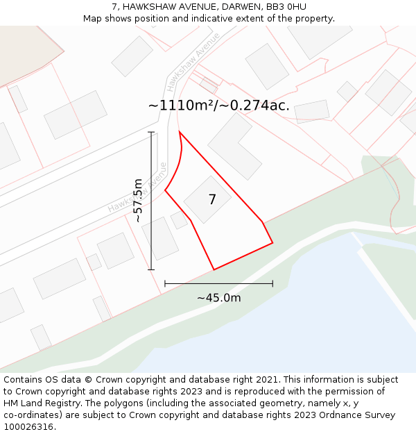 7, HAWKSHAW AVENUE, DARWEN, BB3 0HU: Plot and title map