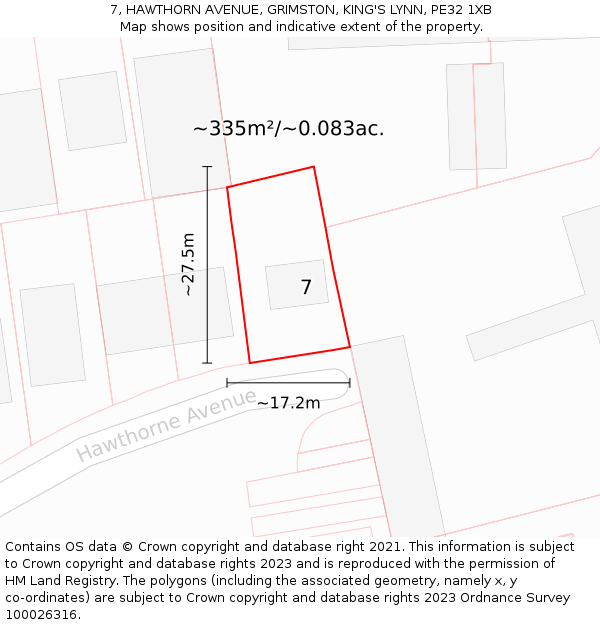 7, HAWTHORN AVENUE, GRIMSTON, KING'S LYNN, PE32 1XB: Plot and title map