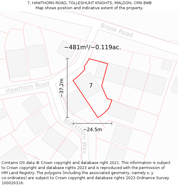 7, HAWTHORN ROAD, TOLLESHUNT KNIGHTS, MALDON, CM9 8WB: Plot and title map